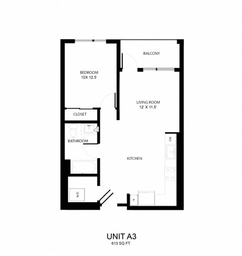 Floor plan for 1 bed, 1 bath, 613 sqft
